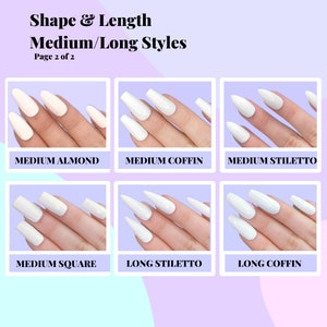 May include: A chart showing six different nail shapes and lengths. The shapes are almond, coffin, stiletto, square, long stiletto, and long coffin. The nails are all painted white.