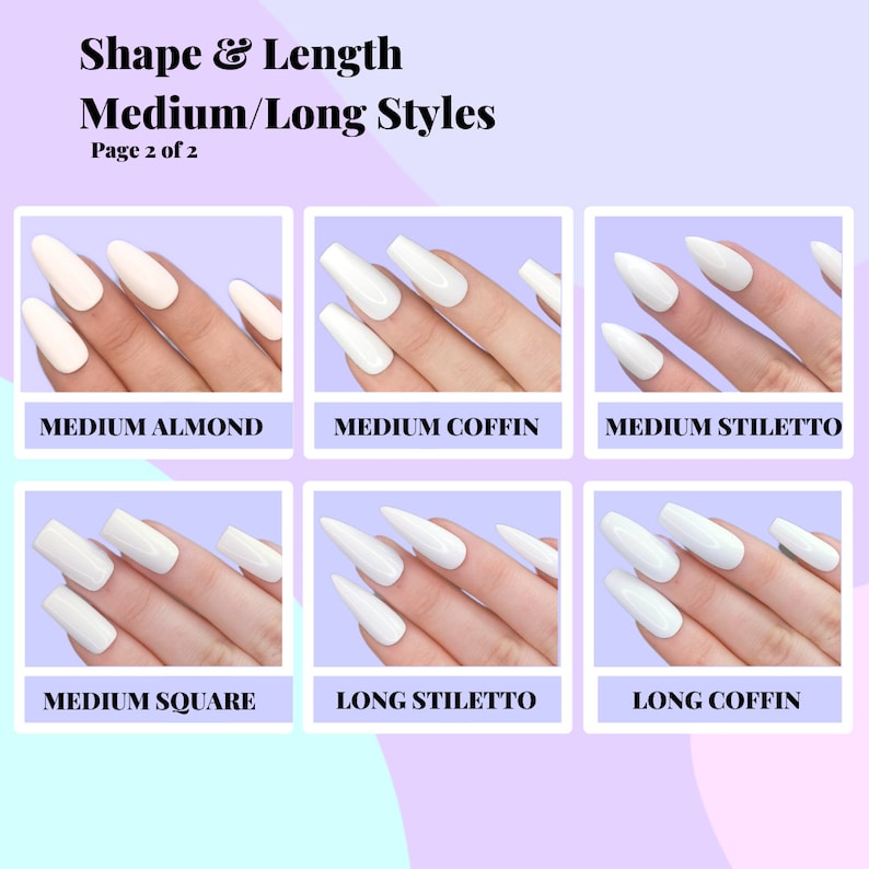 May include: A chart showing six different nail shapes and lengths. The shapes are almond, coffin, stiletto, square, long stiletto, and long coffin. The nails are all painted white.