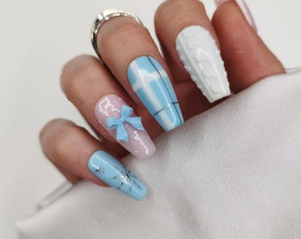 Christmas Press on Nails - Baby Blue & White Snowflake Sweater Bow False Nails