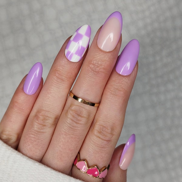 Press on Nails, Purple Checkerboard False Nails, Almond Coffin, Checkered Check Pastel, French Tip, Gingham Summer Spring, Long Short