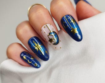Christmas Press on Nails - Blue Cat Eye & Gold Celestial Star False Nails