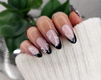 Ghost Bat Web Halloween Press on Nails, Moon Star Black French Tip False Nail