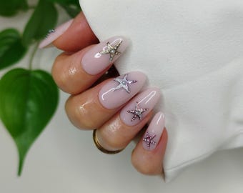 Starfish Glitter Press on Nails, Chrome Cat Eye Beach False Nail