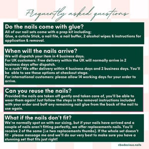 May include: A pink and green graphic with the text "Frequently asked questions" at the top. The graphic answers questions about nail sets, including glue, arrival times, reusability, and fit. The bottom right corner has the Instagram handle @bodacious.nails.