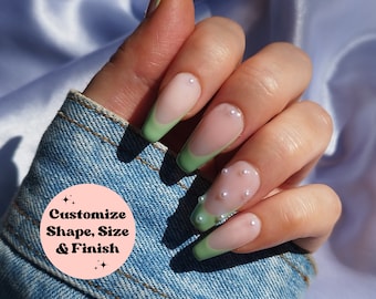 Sage Pearl Press on Nails, Pastel Green French Tip, Pearlescent Gem Nails, Stiletto Coffin Square Almond Nails, Glue on Nails, False Nails