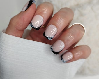 Black Halloween French Tip Press on Nails: Spider Web False Nails