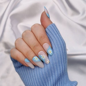 Press on Nails, blue swirl daisy, Almond Coffin, pastel flower floral, easter spring, long short, false glue nails, UK Gift image 5
