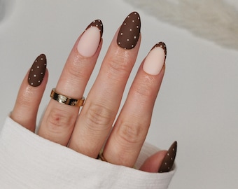 Brown Polka Dot French Tip Press on Nails