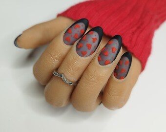 Sheer Black Valentines Red Mesh Heart Press on Nails