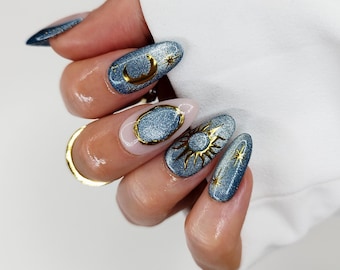 Celestial Cat Eye Press on Nails,  Blue Moon Star Sun Gold Chrome Nail
