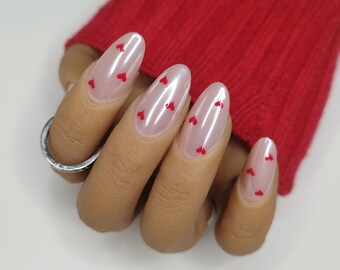 Glazed Heart Valentines Press on Nails. Pink Chrome False Nails
