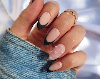 Pearl Press on Nails, Black French Tip, Pearlescent Gem Nails, Stiletto Coffin Square Almond Nails, Glue on Nails, Fake False Nails