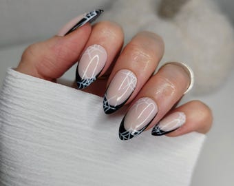 Black Halloween French Tip Press on Nails: Spider Web False Nails