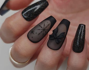 Christmas Sheer Black Press on Nails - Snowflake Bow Reflective Glitter Custom Handmade False Nails