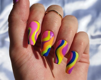 Trippy - Psychedelic Swirl Press on Nails, Almond Coffin Stiletto Square, Long Short Gloss Matt Multi Colour Neon Abstract, Groovy Funky