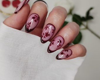 Burgundy Stained Glass Floral Press on Nails