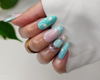 Blue Pool Effect Sea Turtle Press on Nails, Turquoise Frangipani Beach False Nails