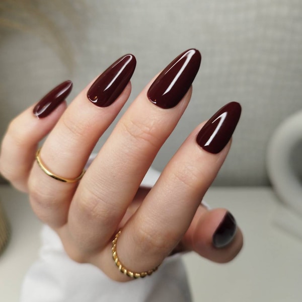 Press on Nails, Maroon Burgundy Dark Red, Almond Square Coffin Oval Stiletto, Handmade UK Fake False Nails Set, Christmas Winter Autumn Fall