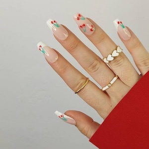 Cherry White Press on False Nails French Tip, Fruit Red Summer, Almond Coffin Stiletto Square,  Long Short Gloss Matt UK Gift Her