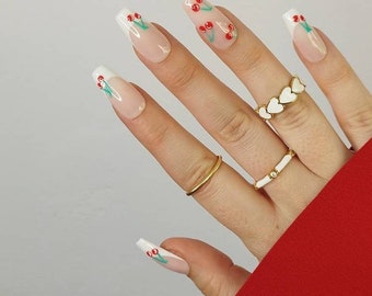 Cherry White Press on False Nails French Tip, Fruit Red Summer, Almond Coffin Stiletto Square,  Long Short Gloss Matt UK Gift Her