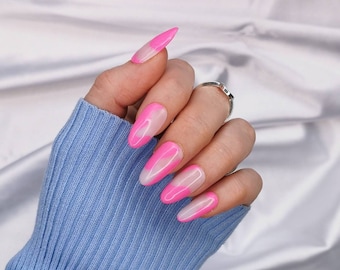 Press on Nails, Pink Swirl Wave, Almond Coffin Stiletto Square, False Glue Reusable Nails, Long Short Gloss Matt, UK Gift Her, Bright Summer