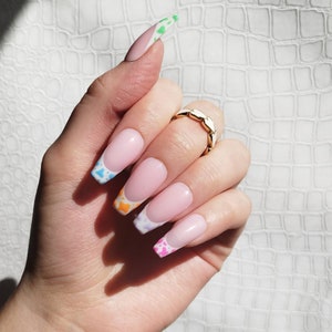 Press on Nails, bright rainbow cow, animal print french tip, Almond Coffin, Long Short Gloss Matt, UK False Nails, pink blue green orange