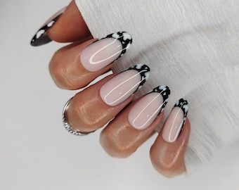 Cow Print Black and White French Tip Press on Nails - Custom Western False Nails