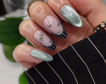 Dirty Martini Olive Press on Nails,  Green Cat Eye Pinstripe French Tip False Nail