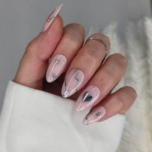 Chrome Star Heart Press on False Nails, Silver Metallic, Mix Match, Almond Coffin Stiletto Square, Long Short, UK Valentines, Swirl Abstract