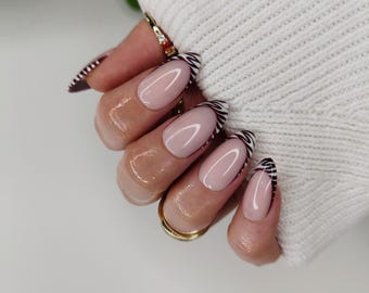 French Tip Zebra Press on Nails, Burgundy Dark Red Animal Print False Nails