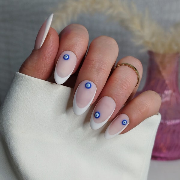 Press on Nails, French Tip Evil Eye, Blue Pastel, Almond Coffin, French Tip, Summer Spring, Long Short, Glue on, Custom Handmade, Y2K 90s