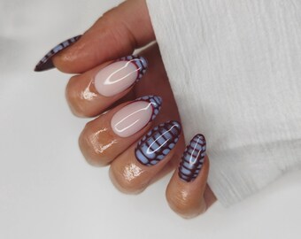 Burgundy Blue Crocodile French Tip Press on Nails