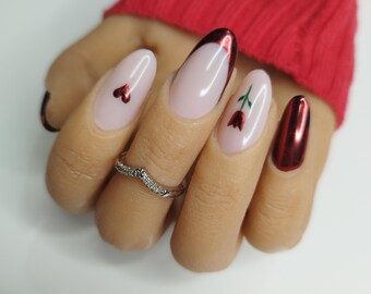 Rose & Heart Valentines Red Chrome Press on Nails