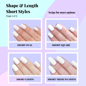 May include: Four different nail shapes are shown on hands, including short oval, short square, short coffin, and short/medium coffin.  The nails are painted white.