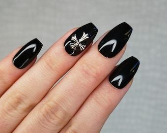 Press on Nails, Silver Cross Charm, Black, Custom Handmade, Almond Coffin Square, Long Short Gloss Matte, Hand Painted False Nails