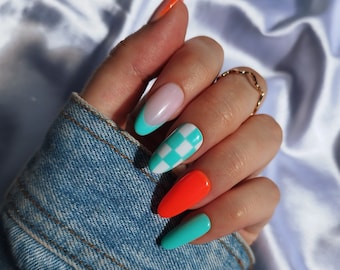 Press on Nails, Checkerboard Blue Neon Orange, French Tip Frenchies Almond Coffin Stiletto Square, Summer Bright, Y2K 90s, Checkered Check