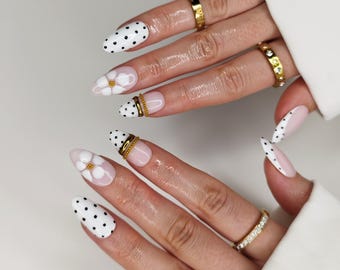 Polka Dot Bangle Press on Nails, White Black Dotty Gold Chrome False Nails