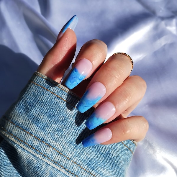 Blue Marble Wave, Press on False Nails, Sea Ocean Swirl, Almond Coffin Stiletto Square, Long Short Gloss Matte, French Tip Ombre