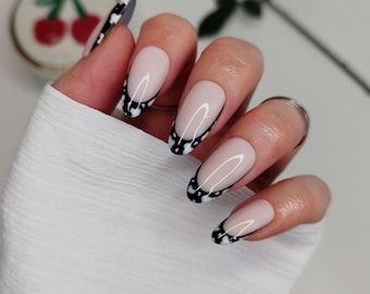 Cow Print Black and White French Tip Press on Nails - Custom Western False Nails