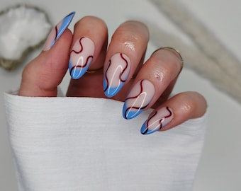 Burgundy Blue Swirl French Tip Press on Nails