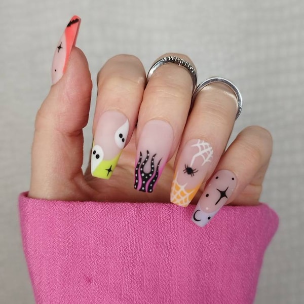 Halloween Press on Nails, Ghost Web Moon Bat Flame, Almond Coffin Stiletto Square, Spooky Season, Luxury Nails, Autumn Fall Nails Mix Match