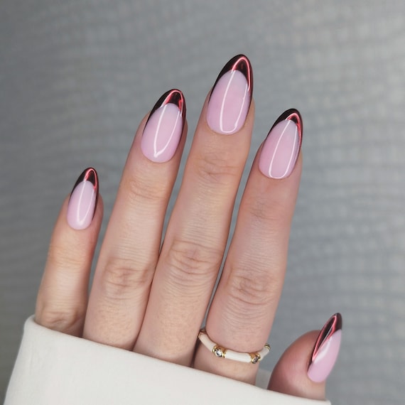 Almond Short False Nail Glitter Pink French Press on Nails for