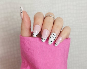 Dalmatian French Tips - Press on False Nails - *FREE ITEMS* - Almond Coffin Stiletto Square - Long Short Gloss Matt - UK Gift Girlfriend Her