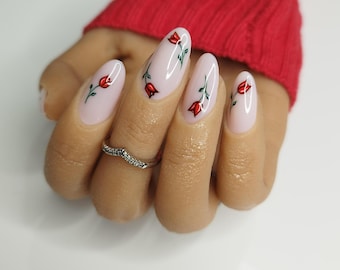 Rose Valentines Milky Pink Press on Nails, Handpainted Roses Reusable False Nails