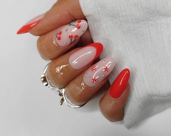 Mushroom Cherry Press on Nails, Red French Tip Cottagecore False Nail