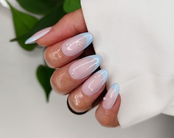 Baby Blue Pearl Press on Nails, French Tip False Nails