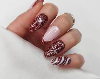 Christmas French Tip Press on Nails - Red Glitter Snowflake Bow Candy Cane Custom False Nails