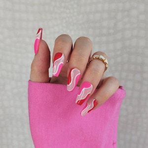 Press on False Nails, Red Pink Swirl, Almond Coffin Stiletto Square, Long Short Gloss Matt, UK, French Tip, Wave Rainbow, Abstract Bright