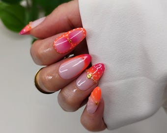 Orange Pink Polka Dot Press on Nails, Gold Starfish Shell Beach French Tip False Nail