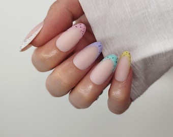 Pastel Mini Egg French Tip Press on Nails - Speckled Gradient Glue on False Nails
